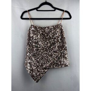 Cache Sequin Asymmetrical Top S Gold Silk & Polyester Spaghetti Straps